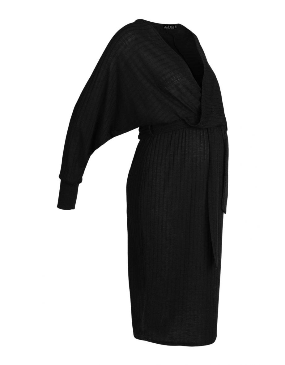 Maternity Knitted Rib Wrap Jumper Dress - black - 1