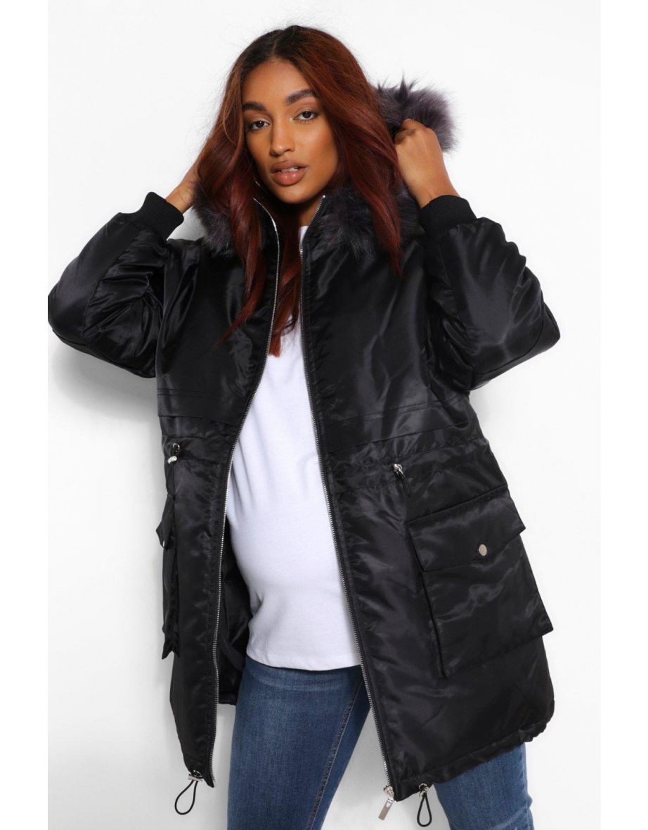 Maternity Faux Fur Trim Parka Coat - black - 3