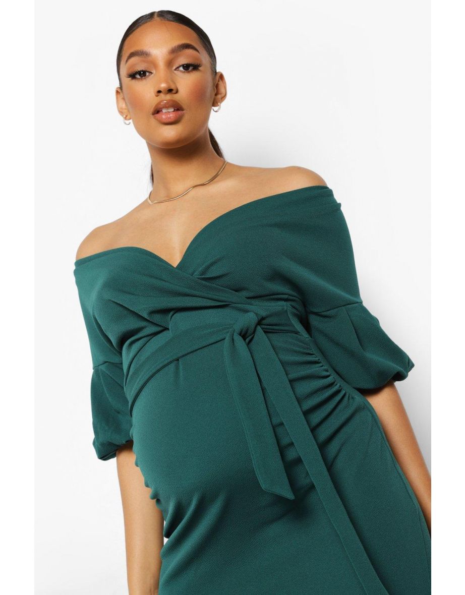 Maternity off the shoulder wrap midi dress on sale
