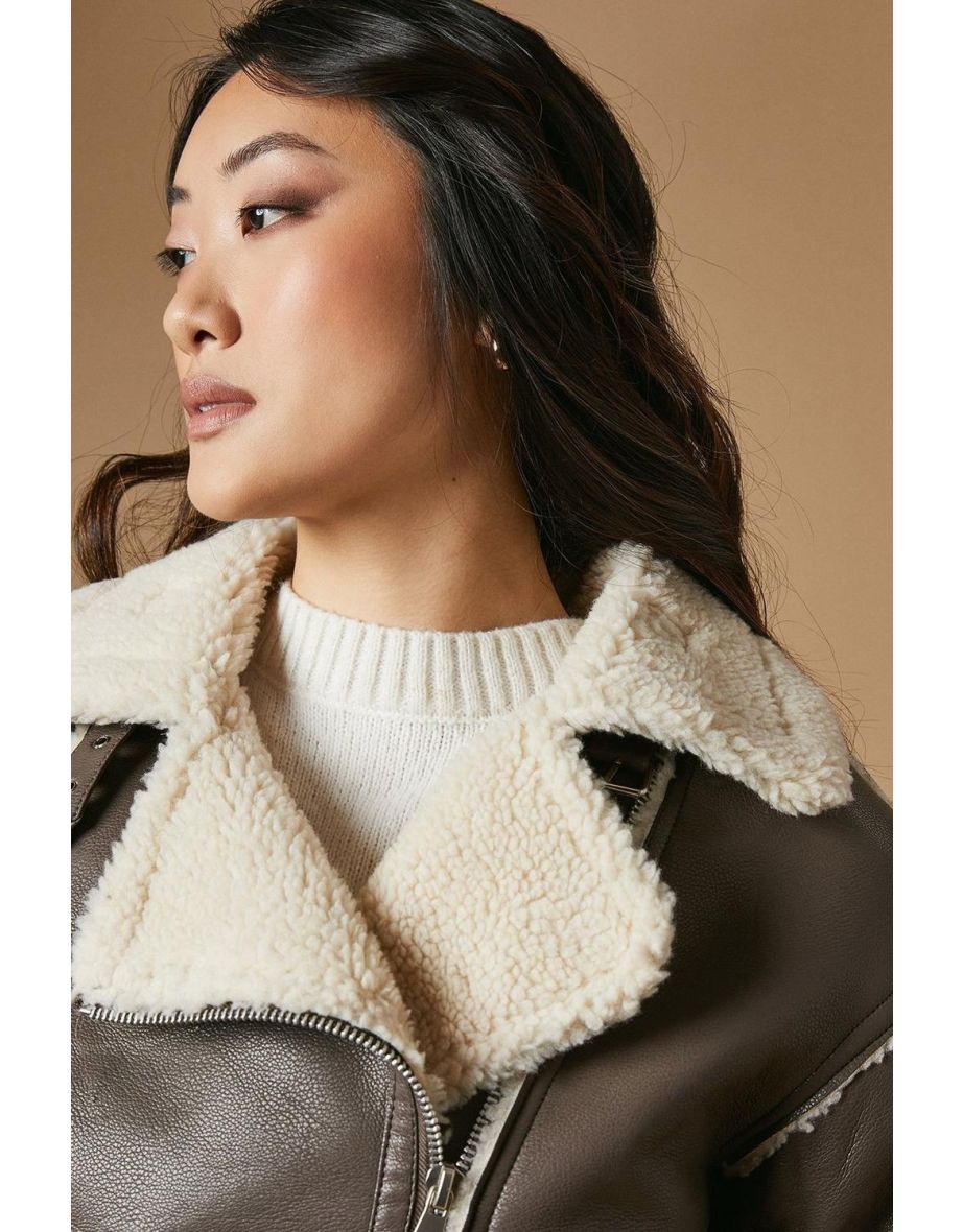 PU Borg Detail Collared Zip Jacket - 3