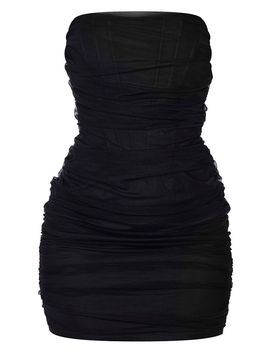 Shape Black Mesh Corset Detail Ruched Bodycon Dress - 4