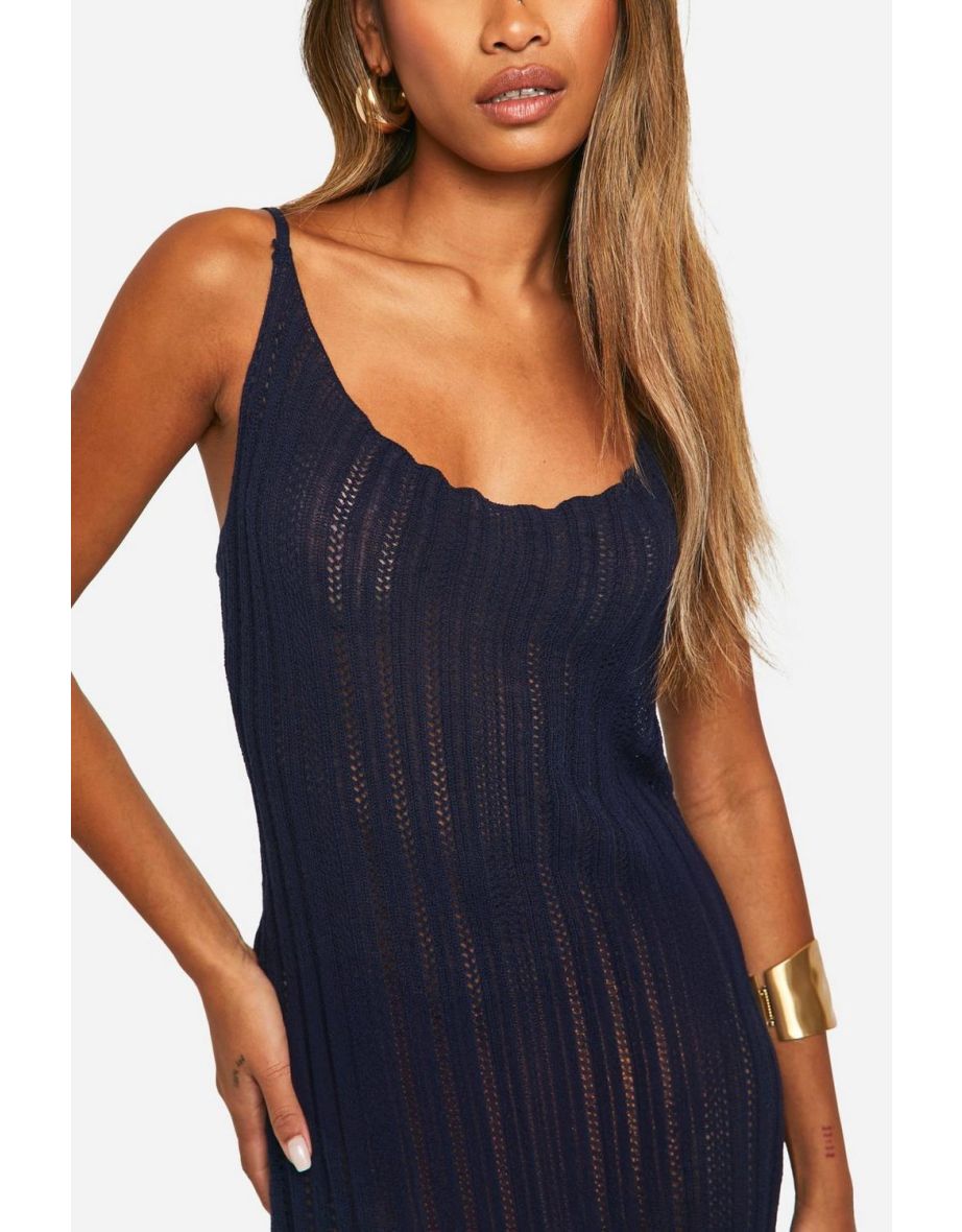 Crochet Ladder Cowl Neck Knitted Maxi Dress - navy - 3