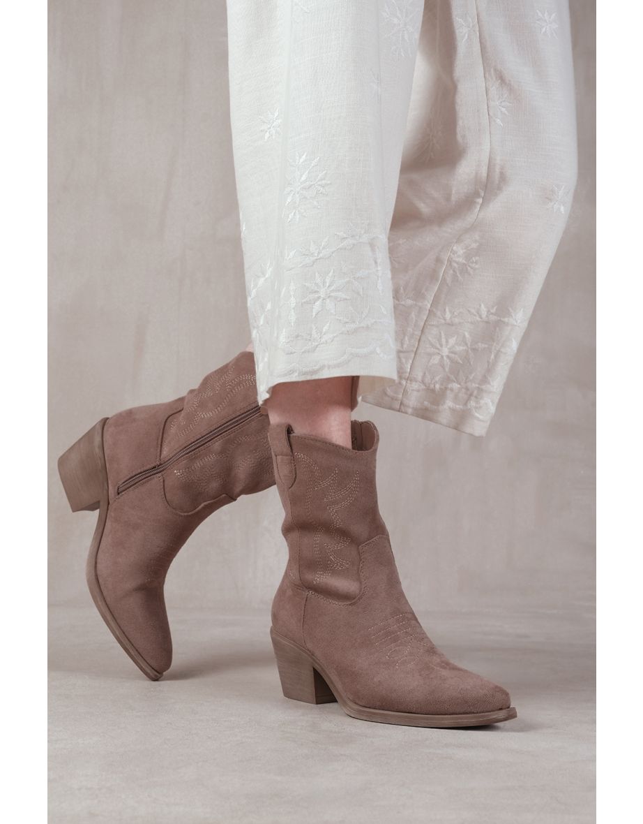 Shop RODEO BOOTS WITH SELF COLOR EMBROIDERY AND SIZE ZIP IN KHAKI SUEDE Online in Bahrain VogaCloset