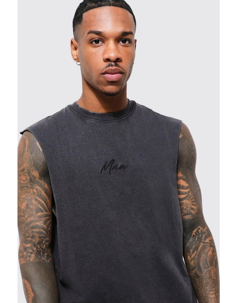 Man Script Overdyed Dropped Arm Tank - black - 2