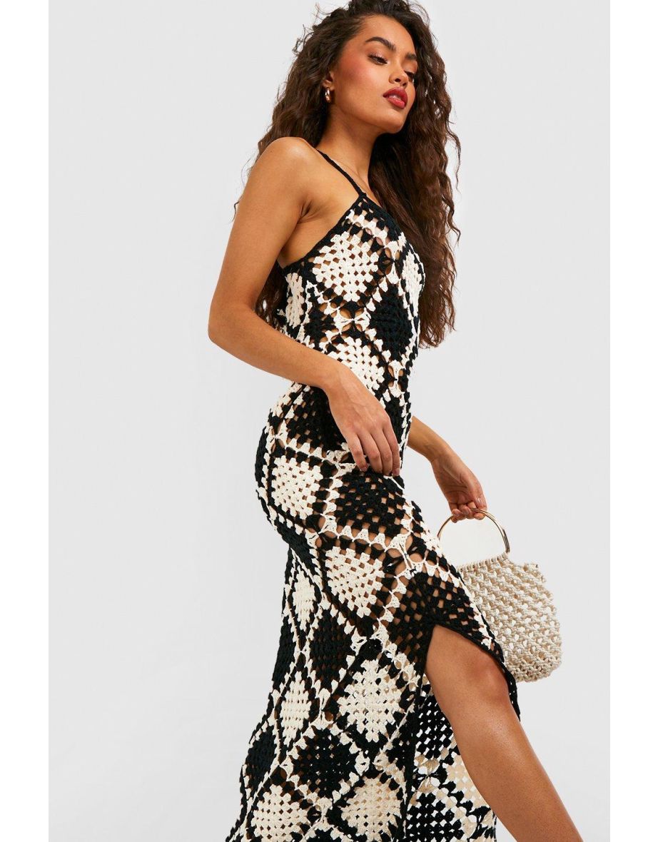 Premium Mono Patchwork Crochet Maxi Dress - black - 3