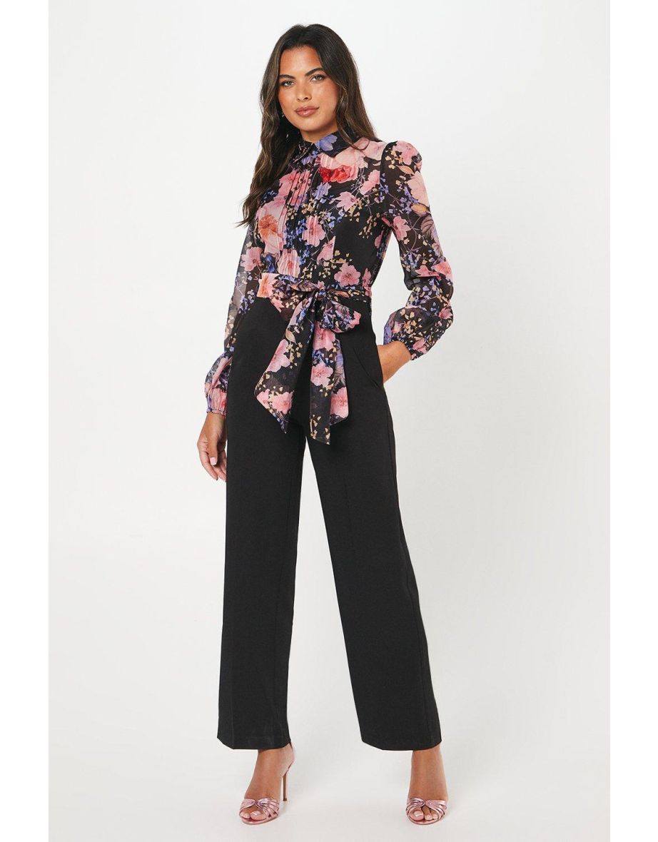 Blouson Sleeve Pintuck Detail Wide Leg Jumpsuit