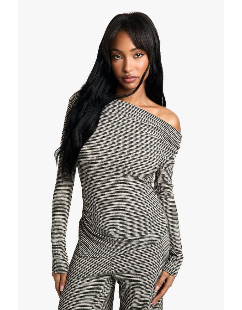 Striped Jersey Slouchy Off Shoulder Top - black_white