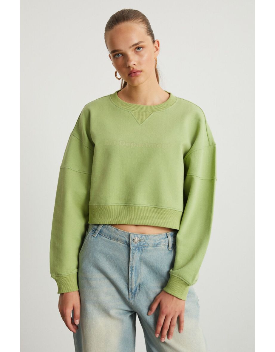 DANBI Women's Crop Knitted Fabric Round Neck Long Sleeve Green Sweatshirt