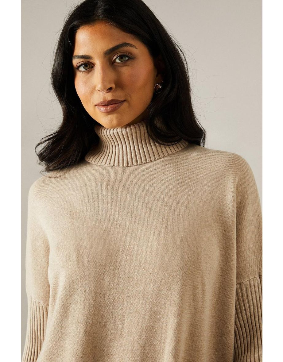 Fringed Hem Roll Neck Poncho - 3
