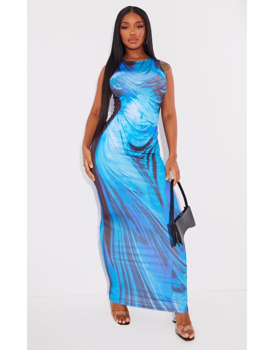 Shape Bright Blue Drape Statue Printed Racer Maxi Dress