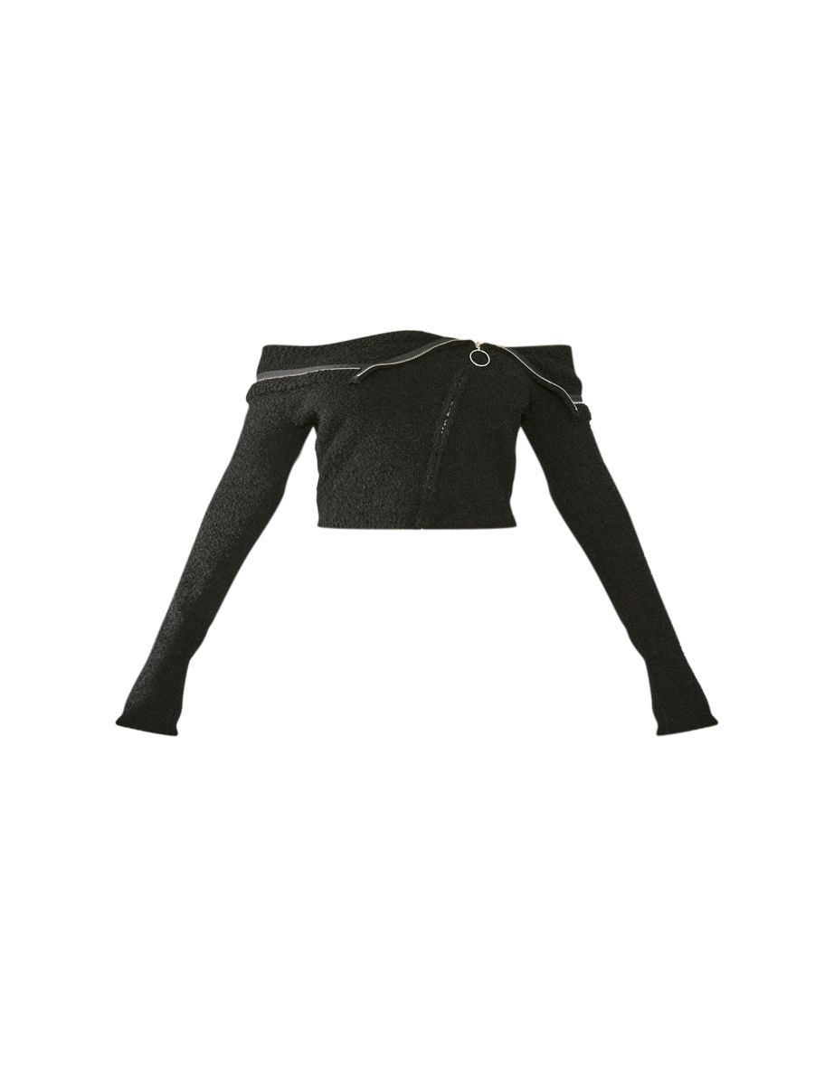 Black Fluffy Knit Fold Over Zipped Crop Jacket - 4