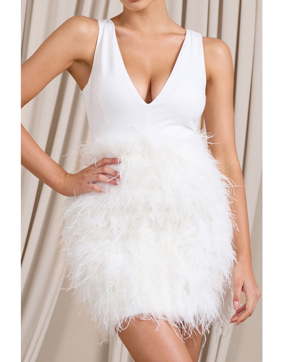 Flirt | White Plunge Front Mini Dress With Feather Skirt