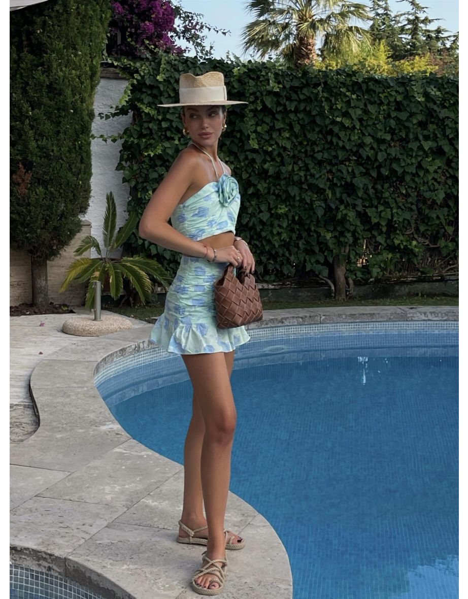 Sasha Co-ord Gathered Mini-Skirt -Mint-Blue Floral