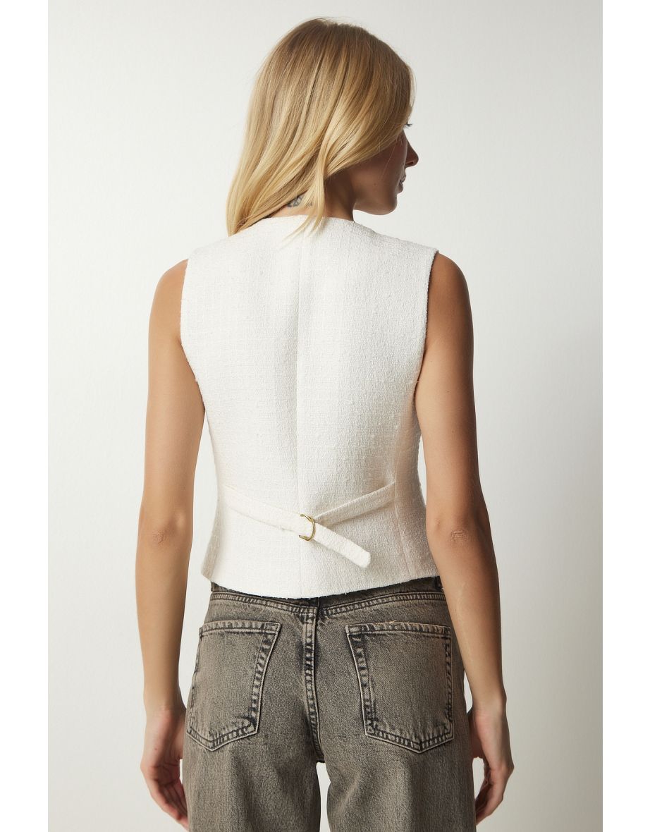 Women's Ecru Metal Button Detailed Cachet Vest - 4