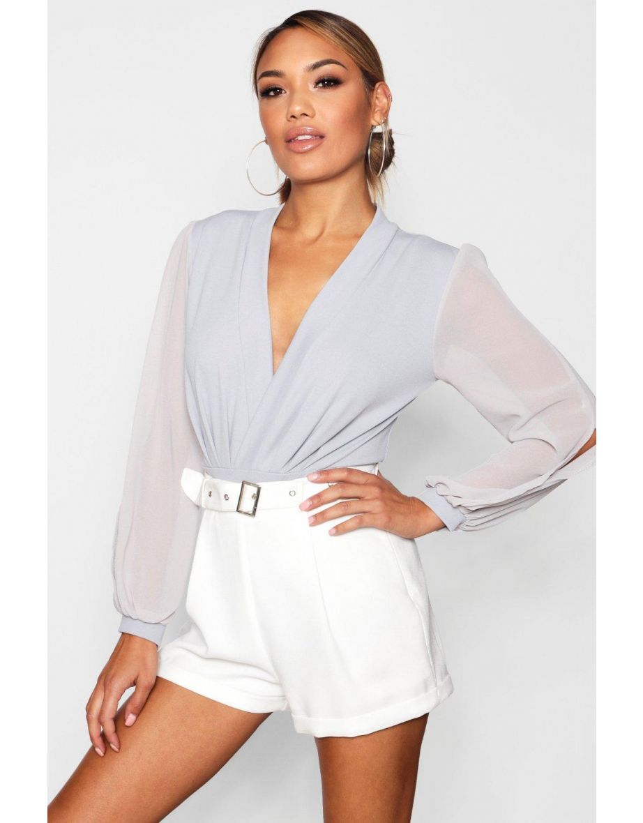 Hayley Wrap Chiffon Sleeve Bodysuit - grey