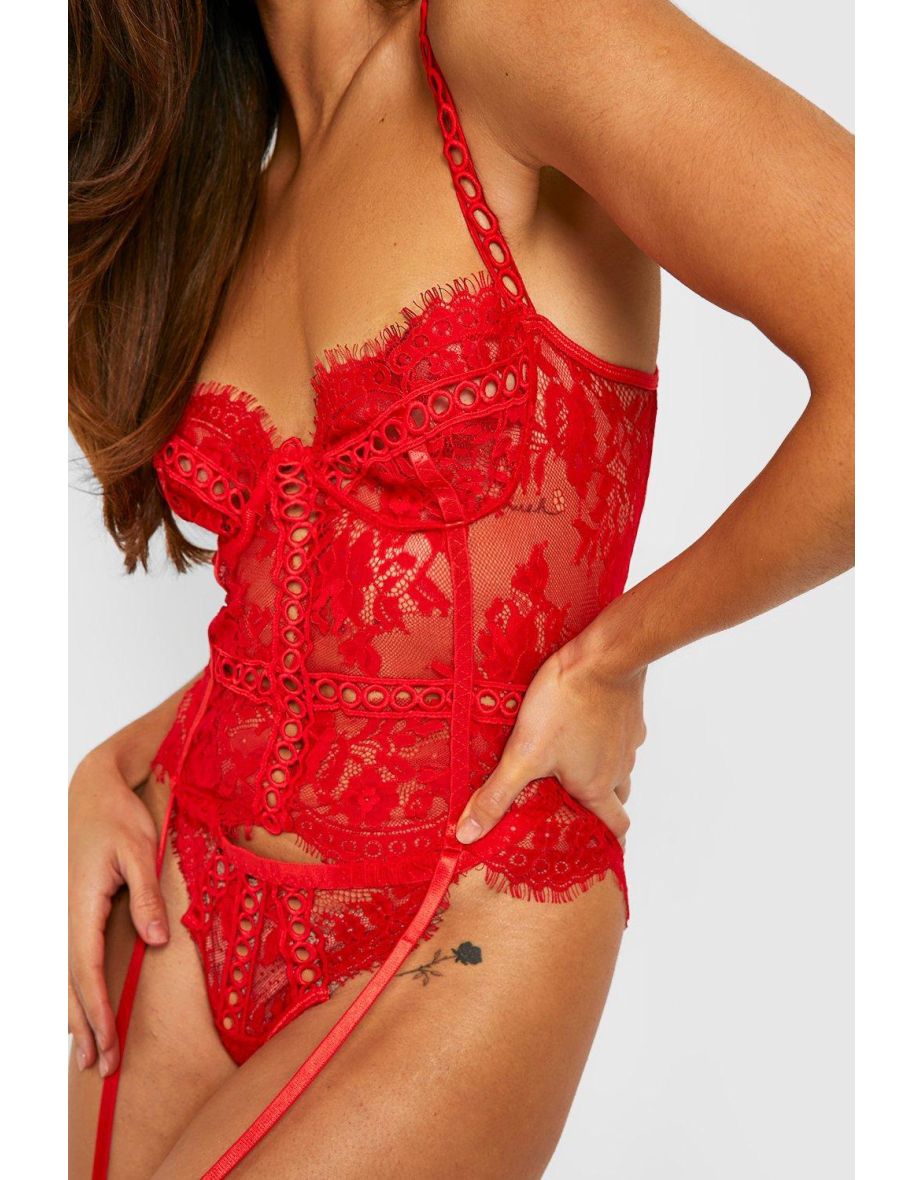 Valentine's Lace Suspender Basque + Thong Set - red - 2