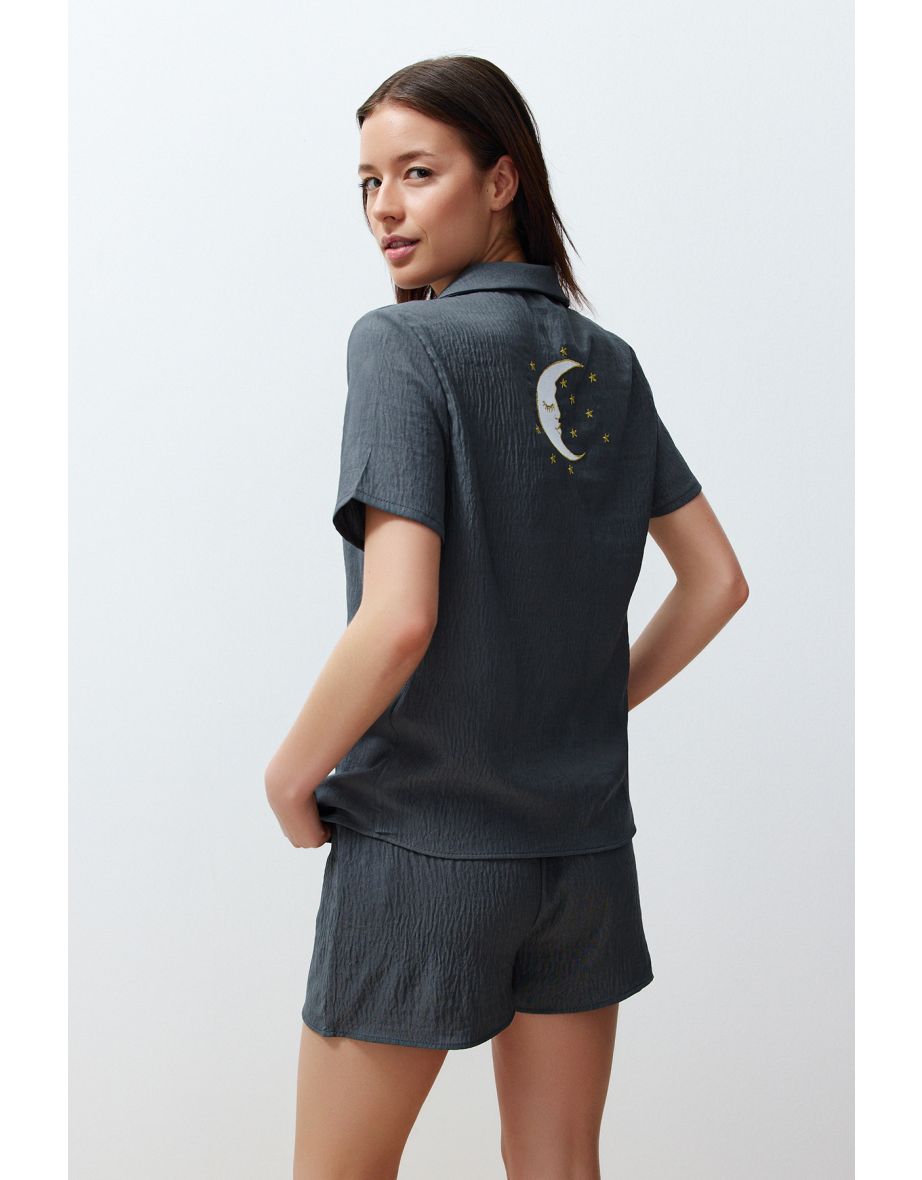 Anthracite Satin Back Star and Moon Printed Woven Pajamas Set - 7