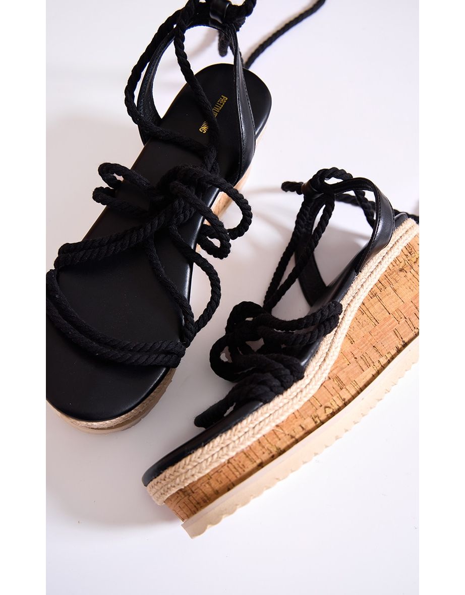 Black Rope Round Toe Espadrille Wedge Heeled Sandals - 3