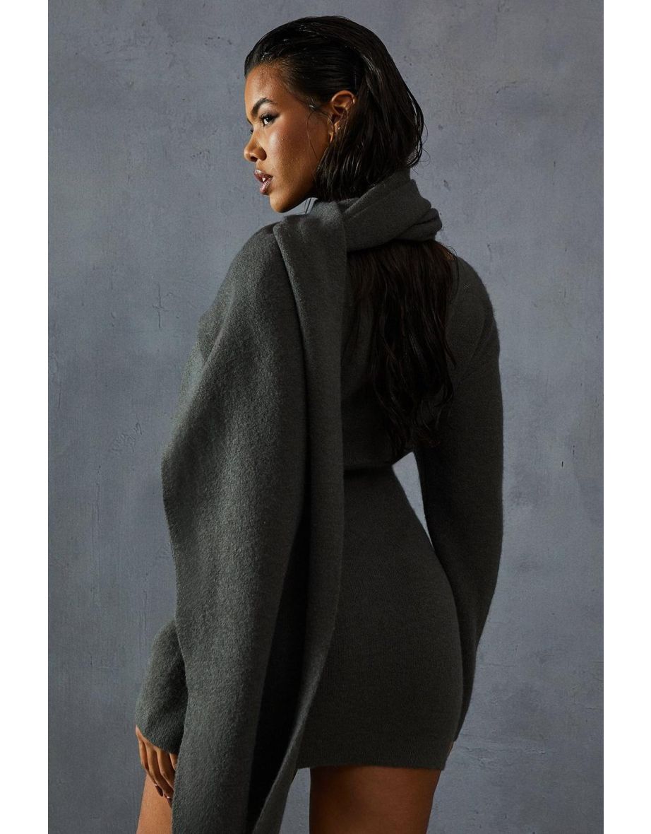 Knitted Slash Neck Scarf Detail Mini Dress - 3