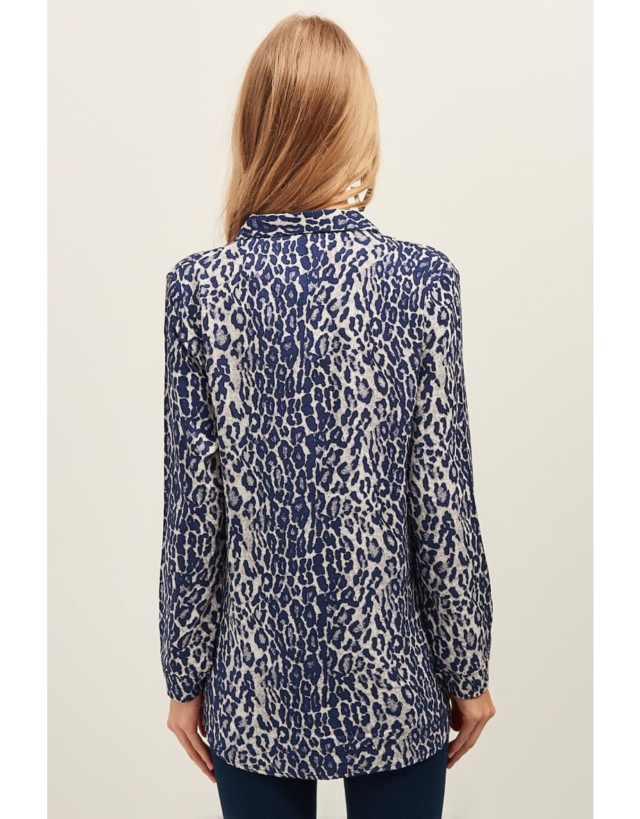 Women's Navy Blue Leopard Woven Shirt - 3