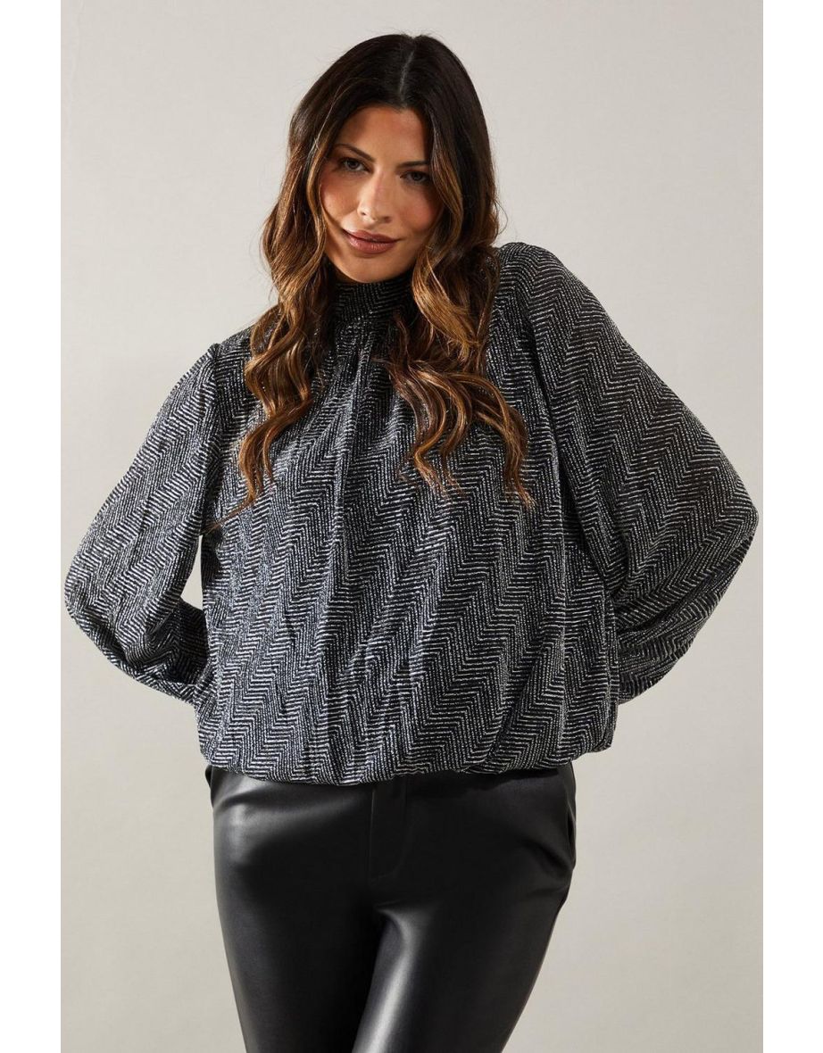 Metallic Geometric High Neck Blouse