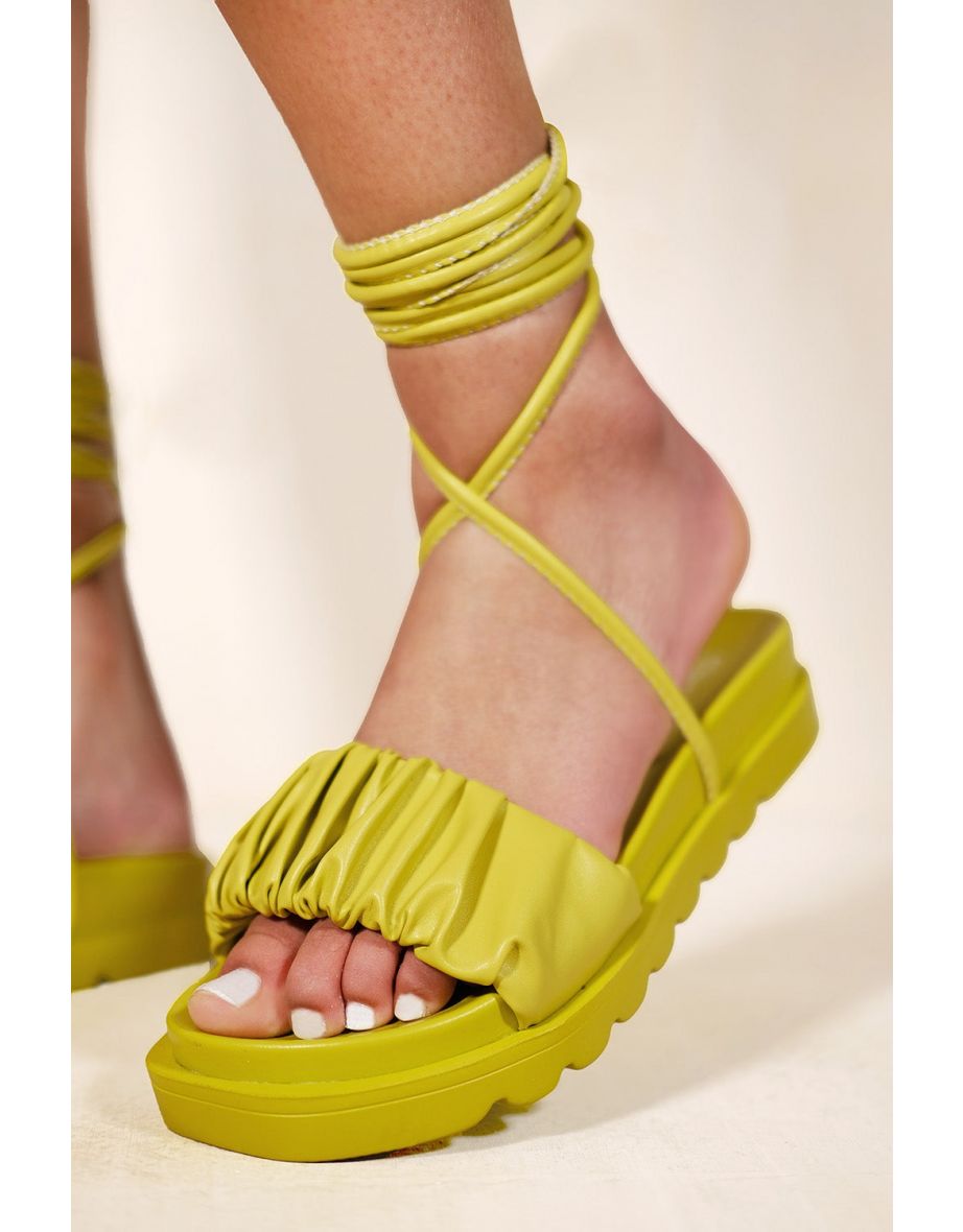 RUCHED STRAP SANDALS WITH LACE UP DETAIL IN LIME GREEN FAUX LEATHER - 1