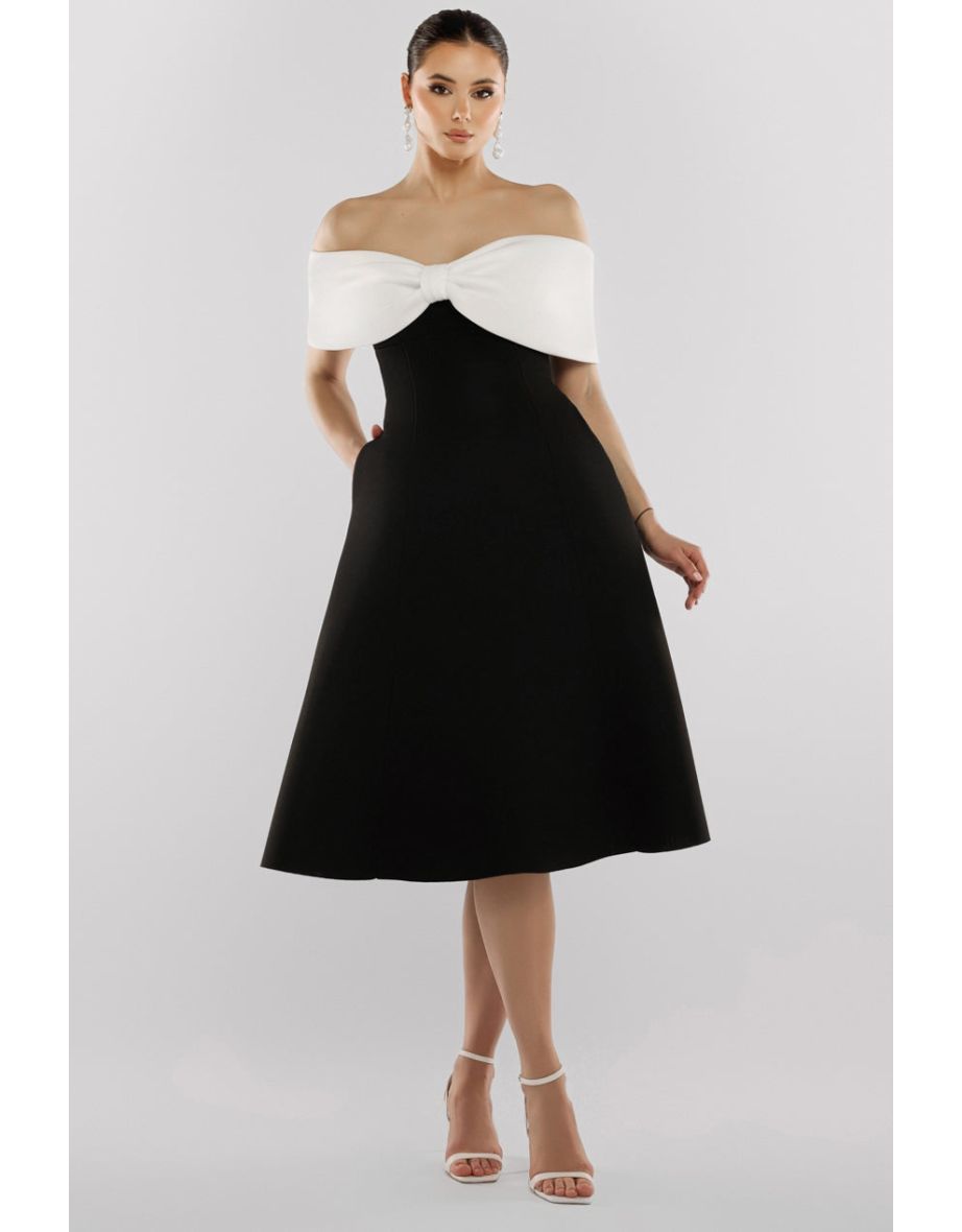Goddiva Bow Off The Shoulder A Line Midi Dress - Black Cream