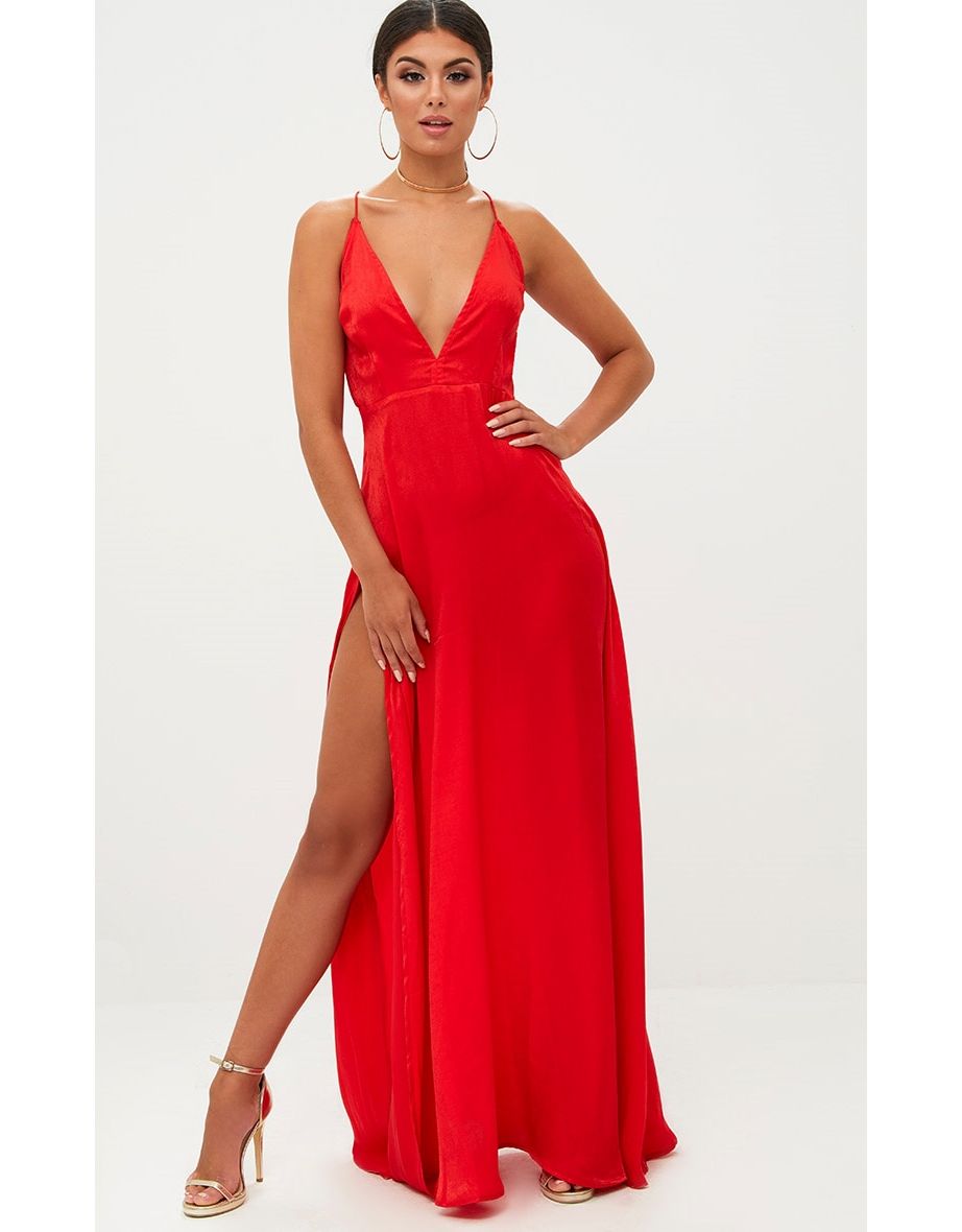 Red Extreme Split Strappy Back Maxi Dress