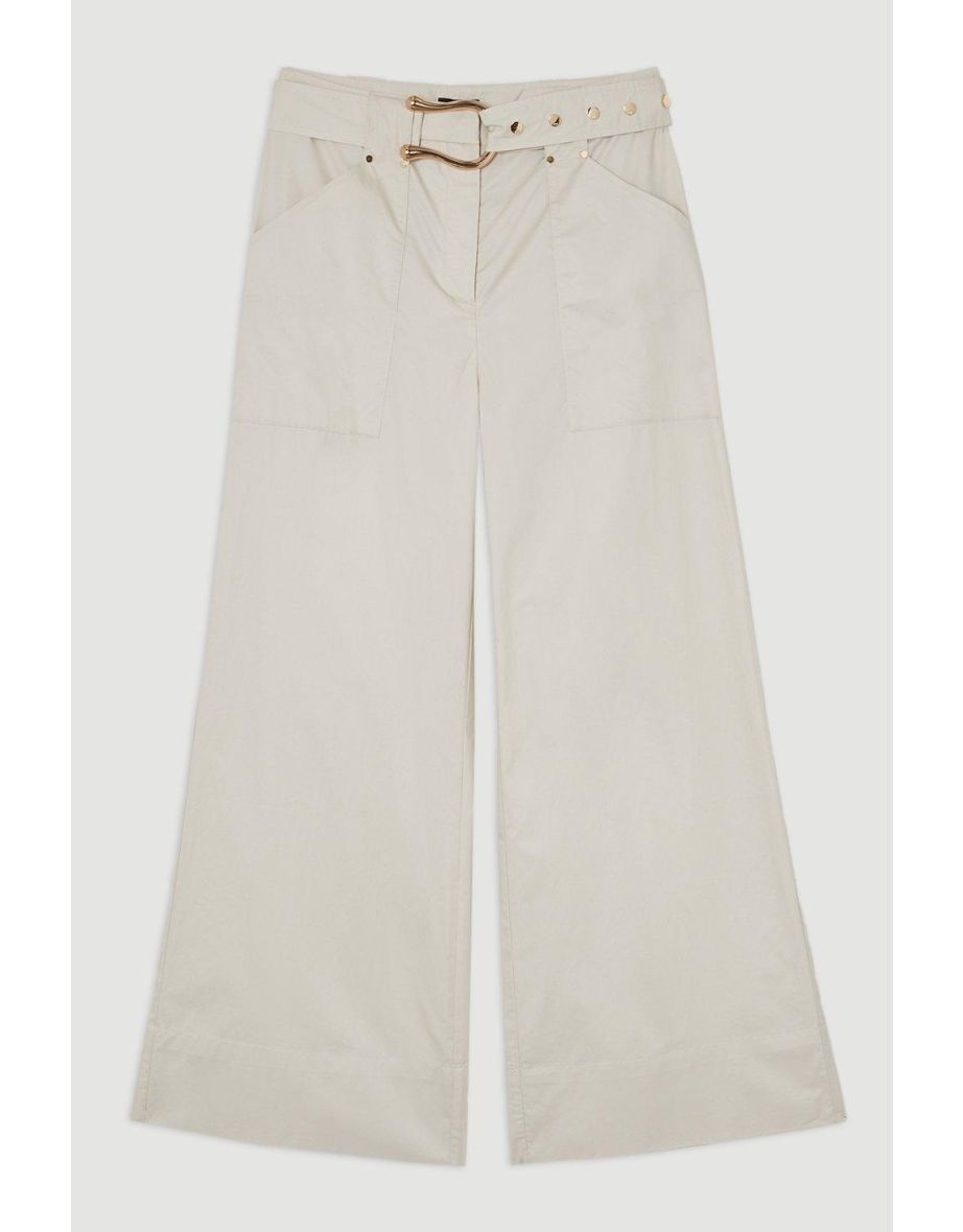 Cotton Sateen Utility Detail Belted Trouser With Gold Hardware Detail - 3