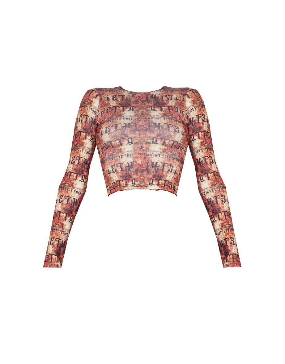 Red Abstract Print Long Sleeved Crop Top - 4