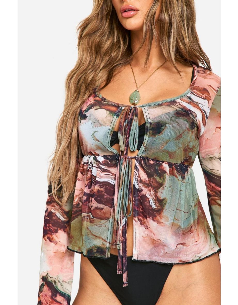 Marble Print Tie Front Beach Top - multi - 3