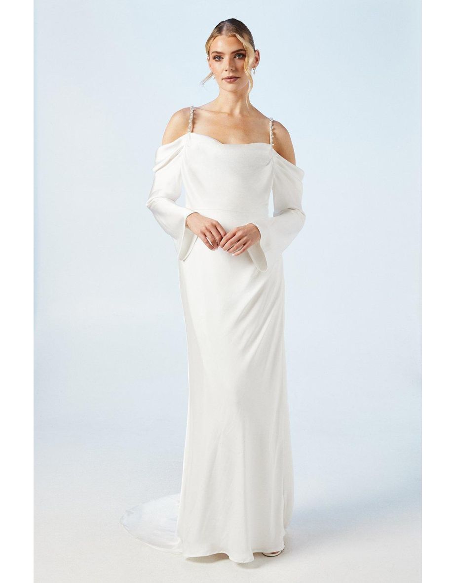 Drape Cold Shoulder Embellished Strap Wedding Dress