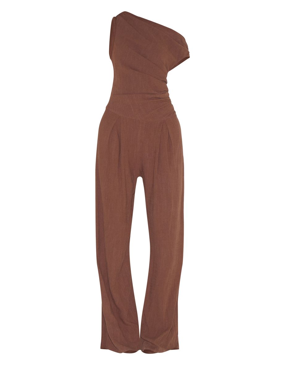 Chocolate Twist Sleeve Linen Ruched One Sleeve Jumpsuit - 4