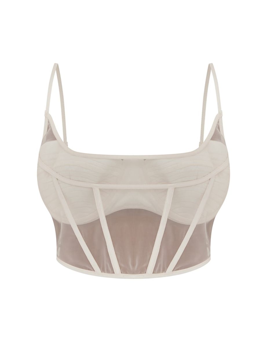 Plus Cream Satin Sheer Panel Corset - 4
