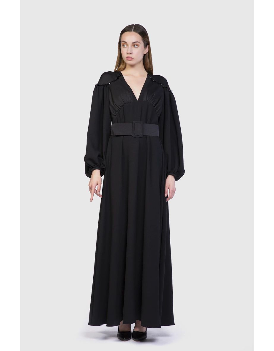 Contrast Fabric and Beaded Embroidered Black Evening Dress