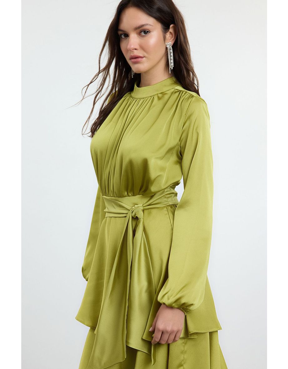 Oil Green Layered Satin Woven Evening Dress/Evening Gown - 4