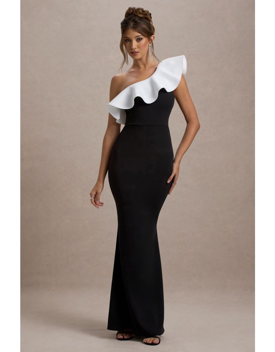 Berkley | Black & White Ruffled One-Shoulder Maxi Dress