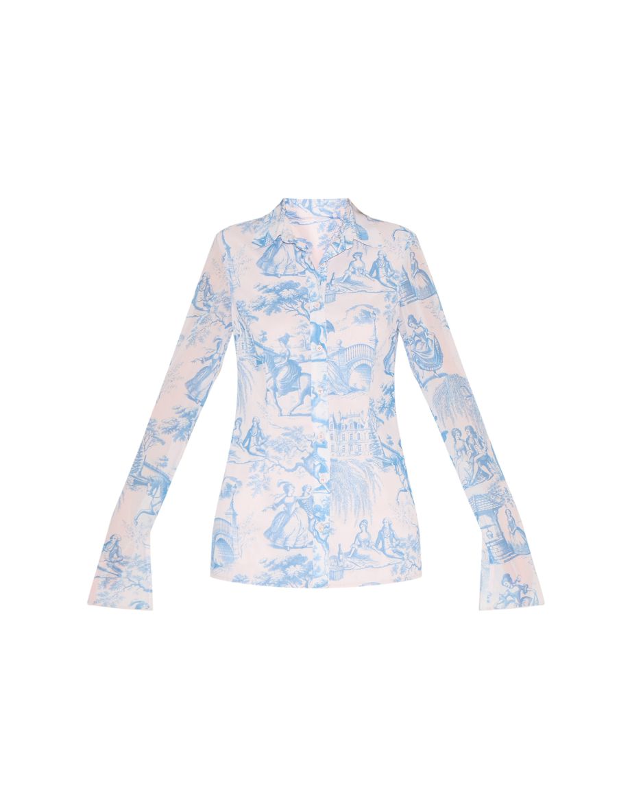 Light Blue Printed Fitted Chiffon Shirt - 4