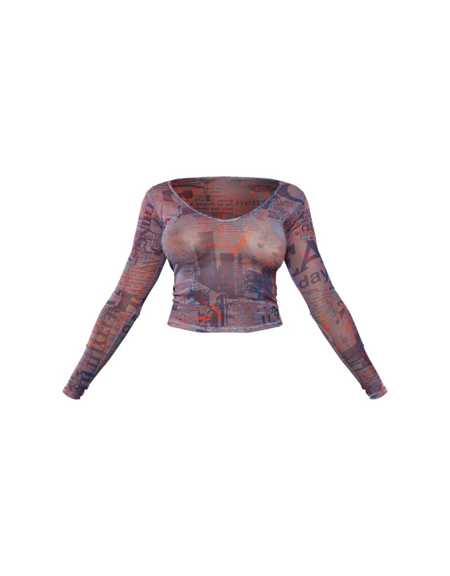 Grey Newspaper Print Mesh Scoop Neck Crop Top - 4