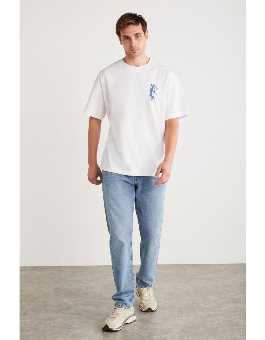 Antonio Men's Printed Detailed 100% Organic Cotton Knitted Oversize White T-shirt