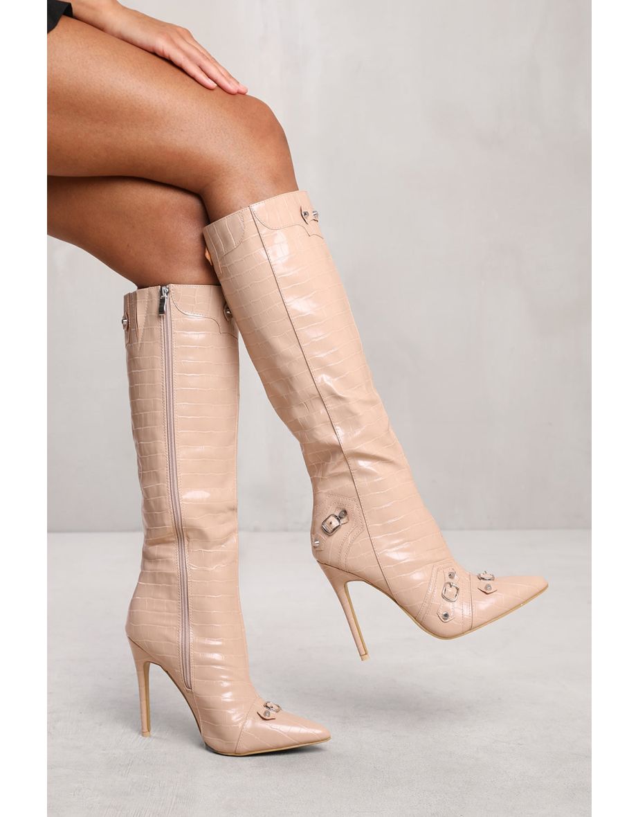 AMELIA BELOW KNEE HIGH HEEL BOOT WITH STUD AND BUCKLE DETAIL IN NUDE - 1
