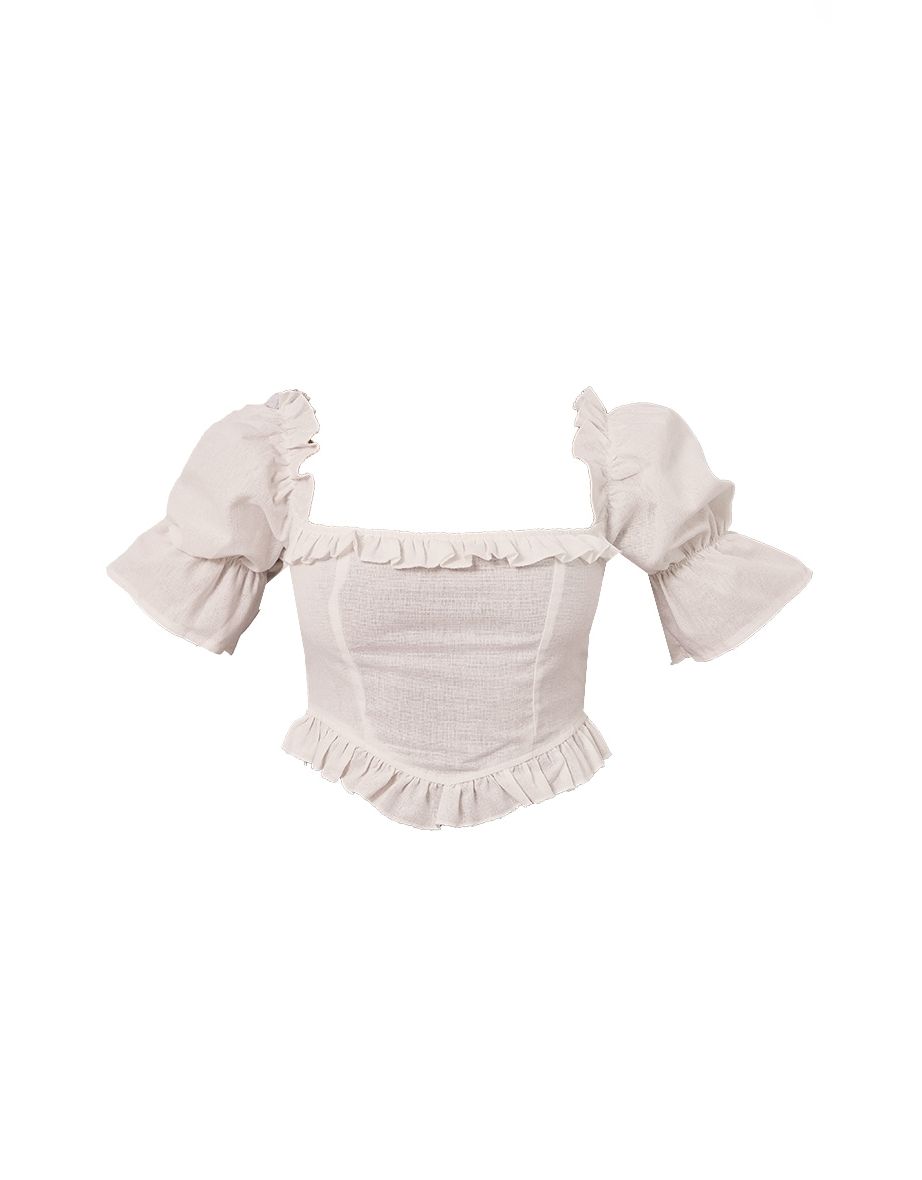 White Linen Look Frill Hem Puff Short Sleeve Crop Top - 4