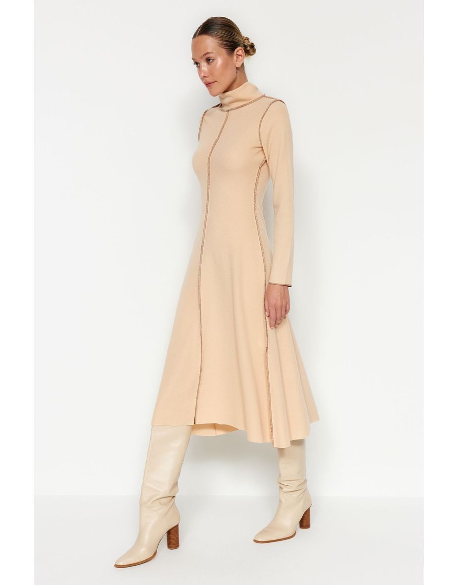 Beige A-Line Midi Skater Dress with Long Sleeves