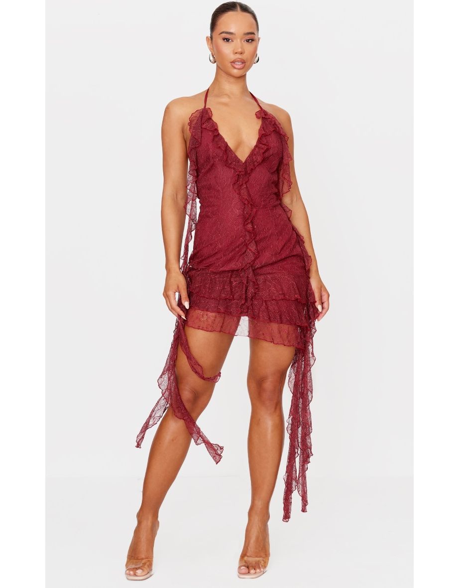 Cherry Red Lace Frill Detail Halterneck Backless Bodycon Dress