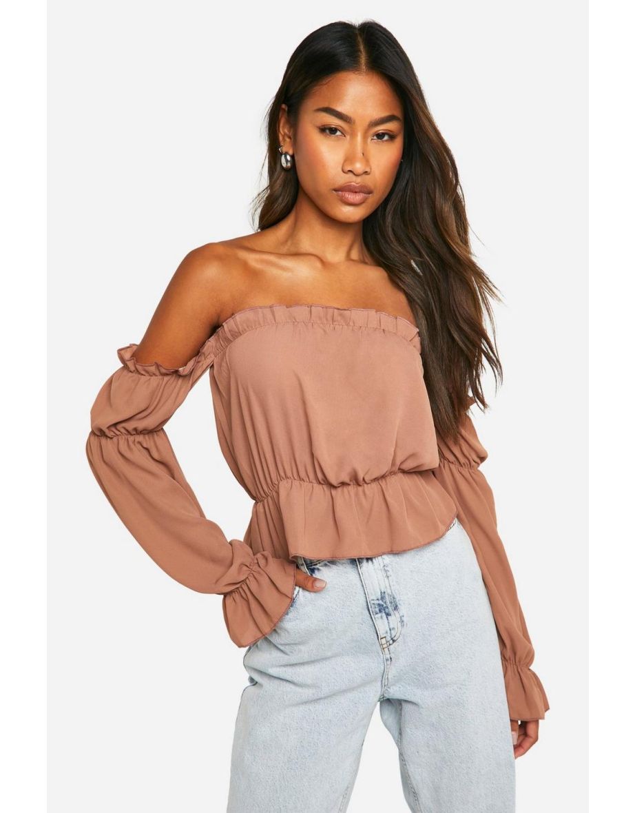 Woven Volume Sleeve Ruched Bardot Top - brown