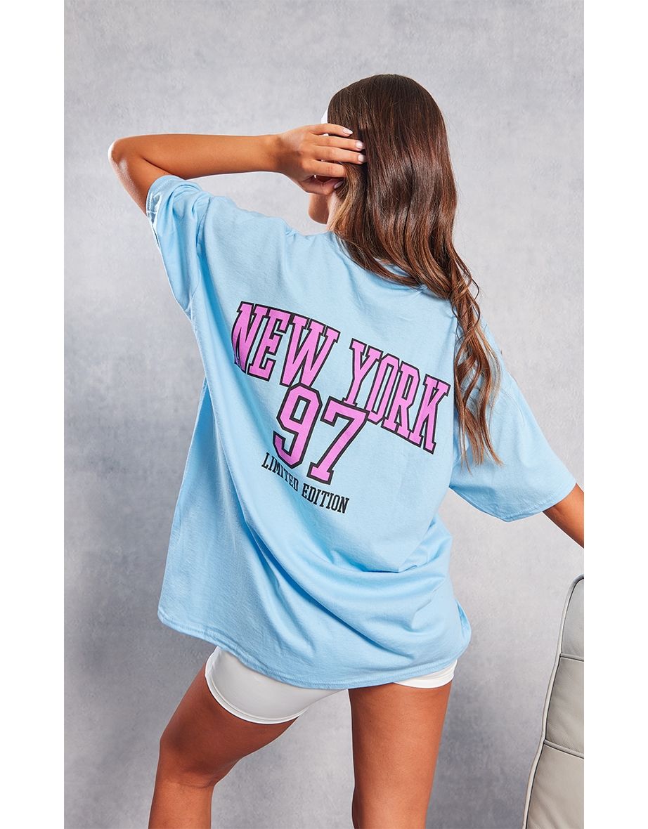 Baby Blue New York 97 Print Oversized T Shirt