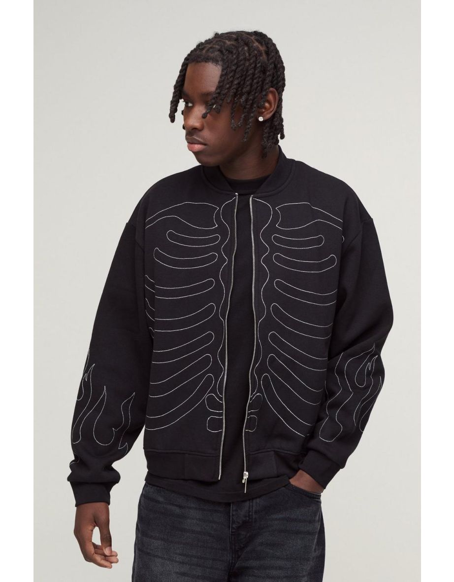 Oversized Boxy Contrast Stitch Skull Applique Bomber Jacket - black