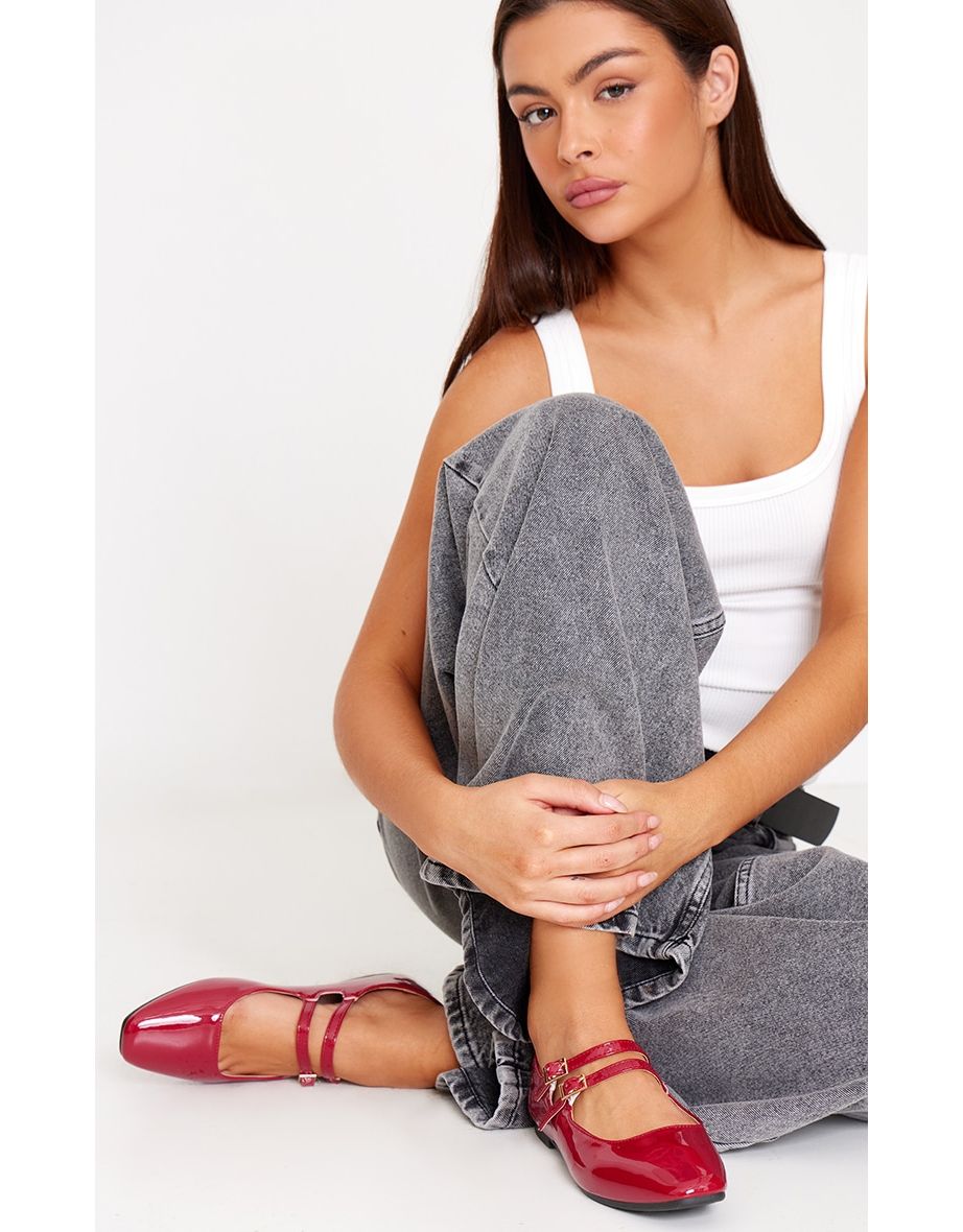 Red Patent PU Round Toe Double Buckle Ballet Pumps