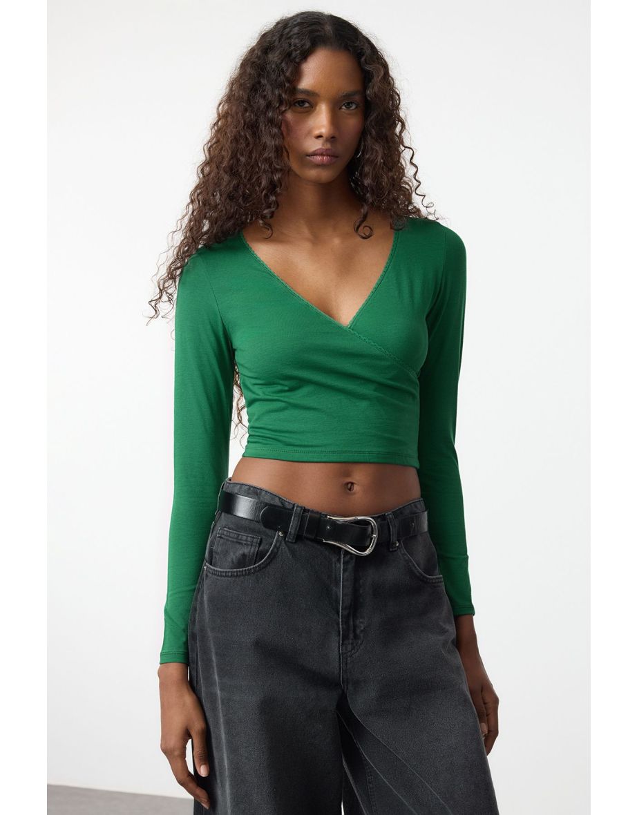 Emerald Green Deep Double Breasted Lace Detailed Long Sleeve Crop Cotton Flexible Knit Blouse