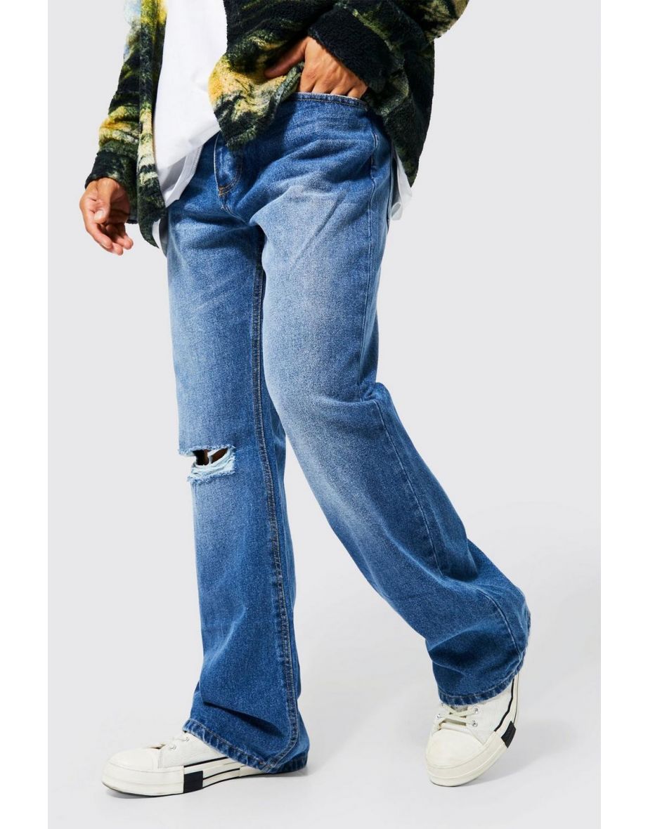Baggy Flare Busted Knee Jeans - mid blue